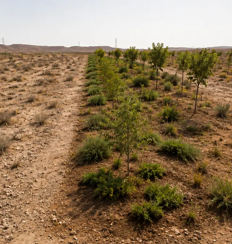 Rows of young trees and vegetation growing in an arid landscape.