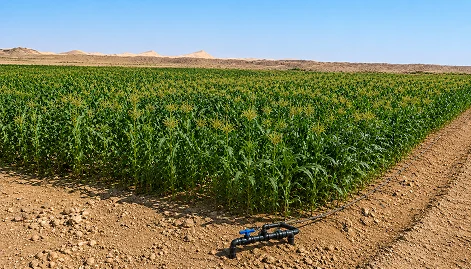 ChatGPT Image Sep 4, 2026, 12_49_24 AM 1 Healthy cornfield growing with irrigation in a desert landscape.