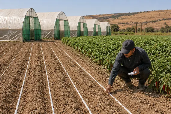 Objectives-photo-1 Farmer inspecting irrigation lines beside greenhouse tunnels and rows of pepper plants.