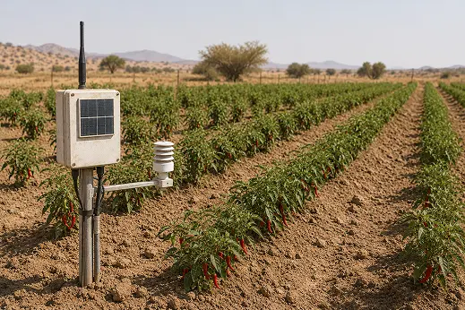 Optional Data Monitoring Photo Field monitoring equipment installed beside rows of pepper plants.