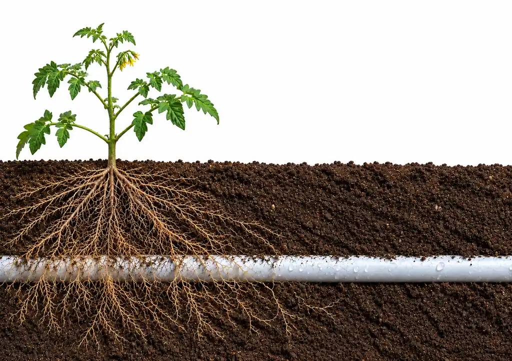 root-irrigation-white-bg-under-100kb Diagram of a tomato plant growing above a subsurface irrigation line.