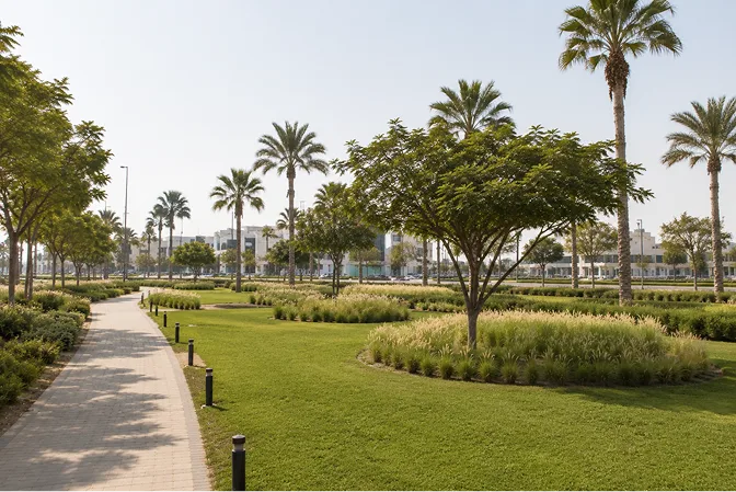 the-outcome-new-photo Landscaped public park with palm trees, lawns, and a paved walkway.